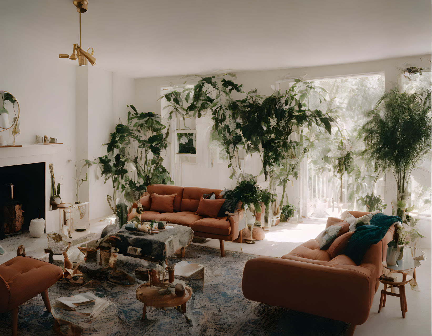 Inviting living room with greenery, fireplace, tan sofas, eclectic decor