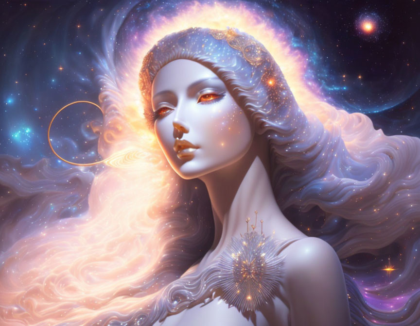 Ethereal woman with long hair, cosmic backdrop, stars on face