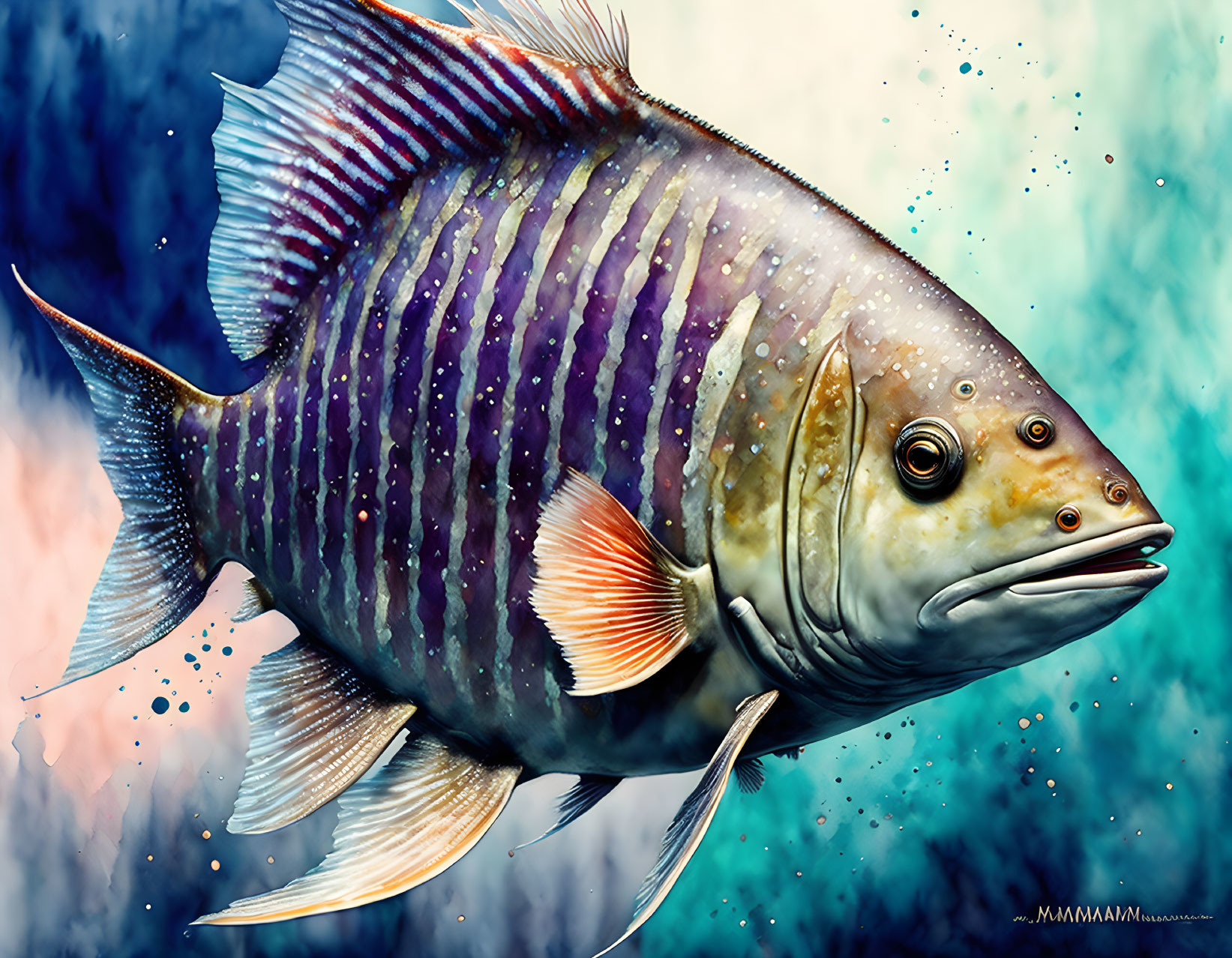 Colorful Fish Illustration with Fins and Striped Pattern on Blue Background