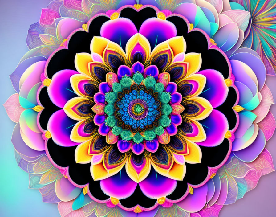 Colorful Digital Fractal Image: Symmetrical Floral Patterns in Blues, Purples, Pinks