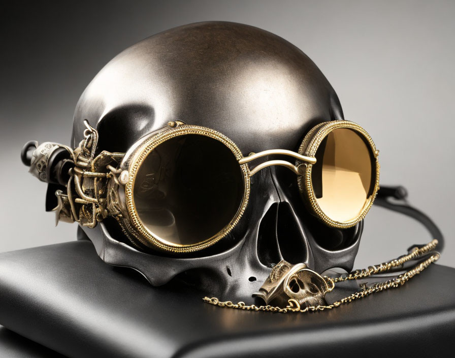 Metallic Skull with Steampunk Goggles on Gray Background