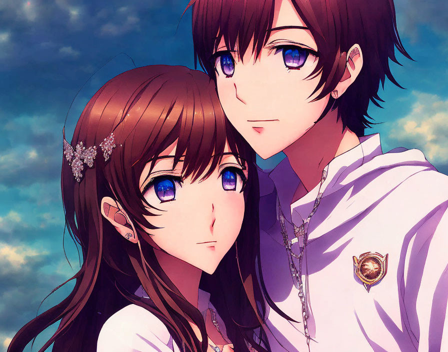 Anime characters with large expressive eyes, male with short hair and female with long hair, close together under