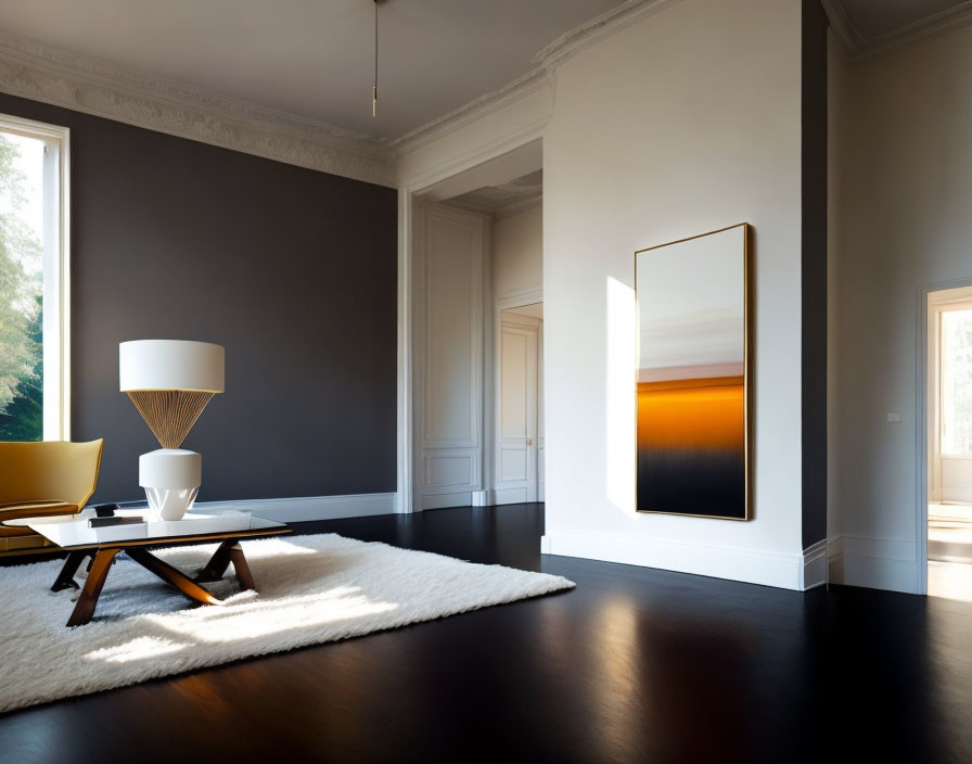 Contemporary art piece in elegantly designed room with yellow chair and dark wooden floor