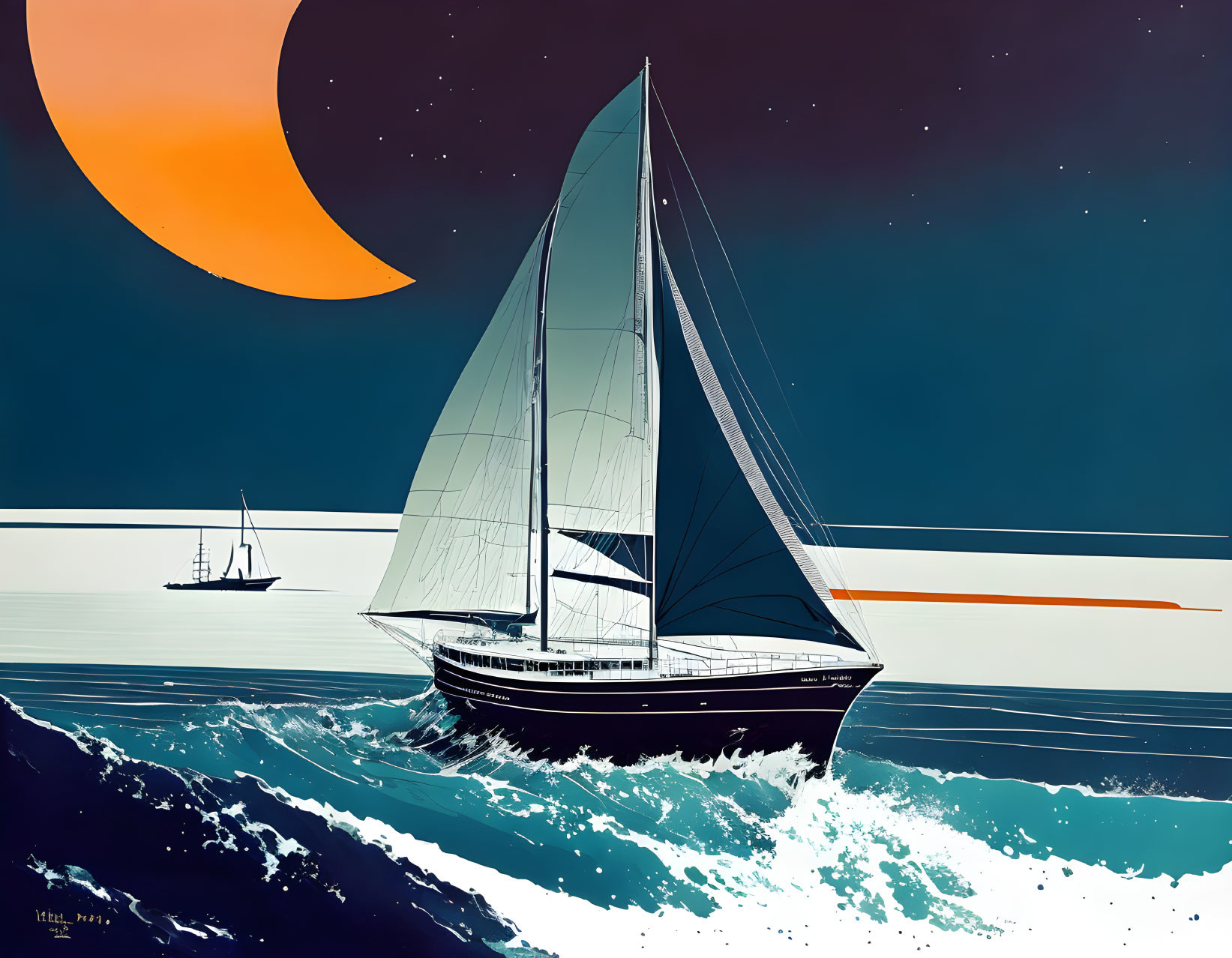 Sailboat illustration under orange crescent moon