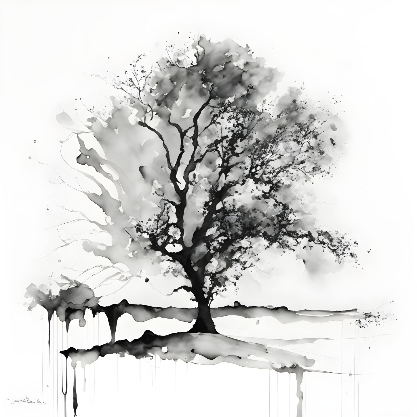 Monochrome watercolor-style illustration of a solitary tree with distinct branches and ink-blotted foliage on white