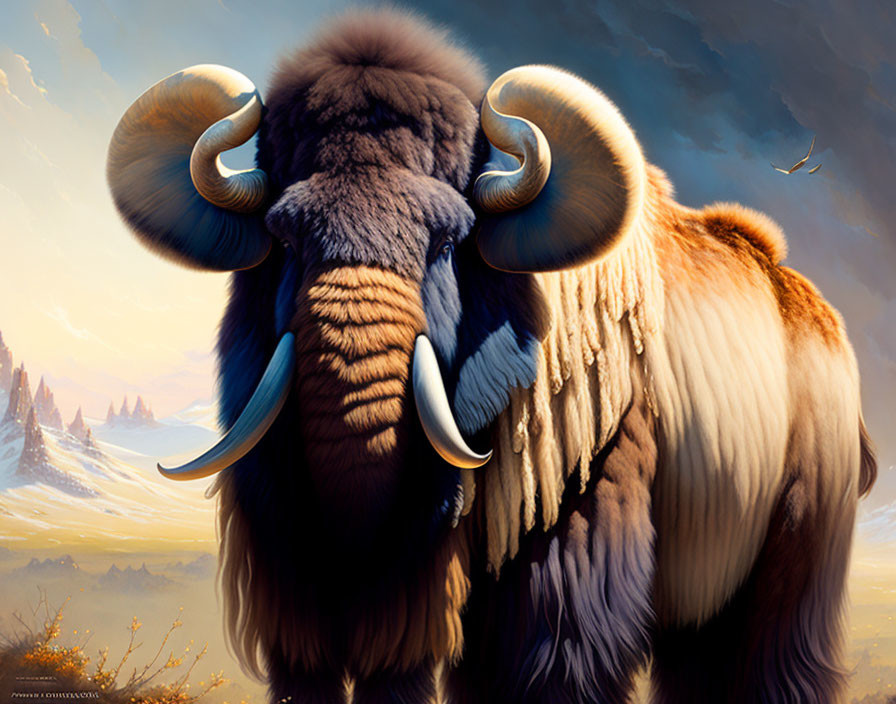 Majestic furry mammoth in fantastical landscape with eagle