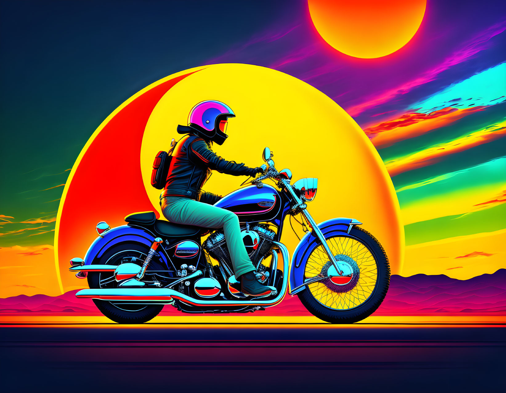 Colorful Sunset Motorcyclist Artwork with Retro-Futuristic Style