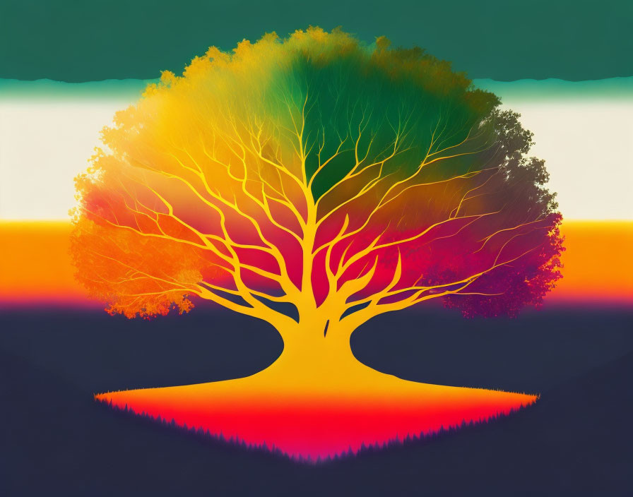 Colorful Tree Artwork Against Striped Background Evoking Sunset & Night