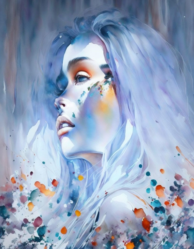 Woman with Flowing White Hair and Vibrant Watercolor Paint Splashes