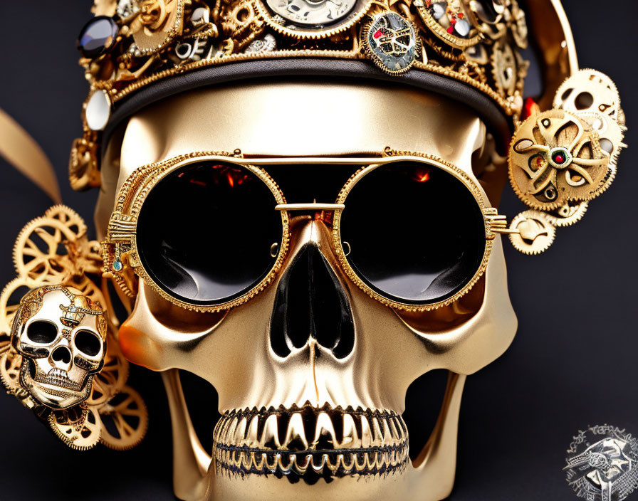 Steampunk-inspired golden skull with aviator sunglasses and clockwork details on dark background