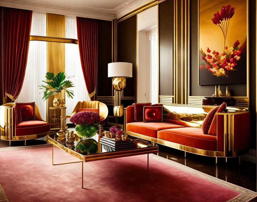 Luxurious Room with Gold Accents, Velvet Sofas, Floral Artwork, and Elegant Decor