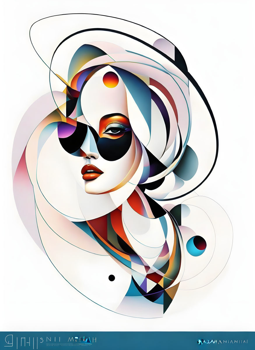 Colorful digital artwork of a woman with flowing hair and sunglasses amidst geometric shapes