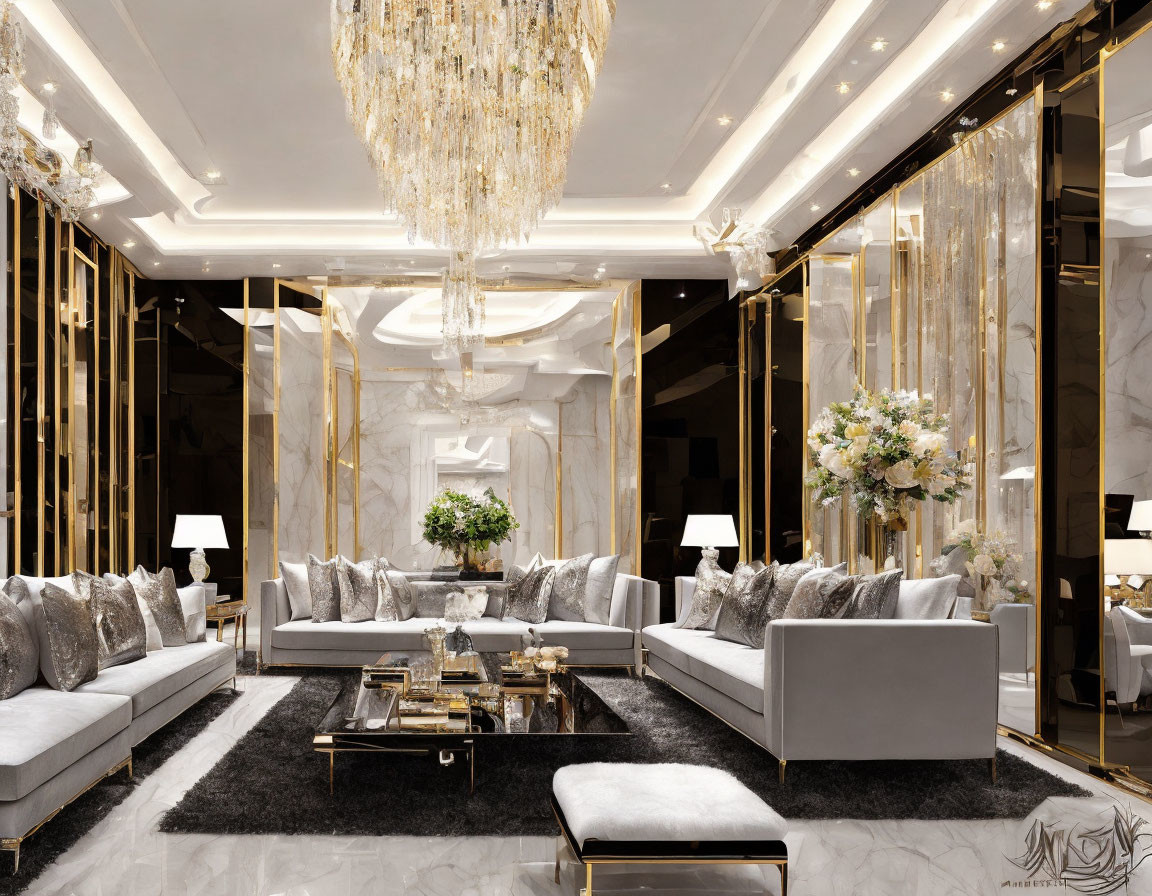 Opulent living room with marble walls, gold accents, crystal chandelier, white sofas, glass tables