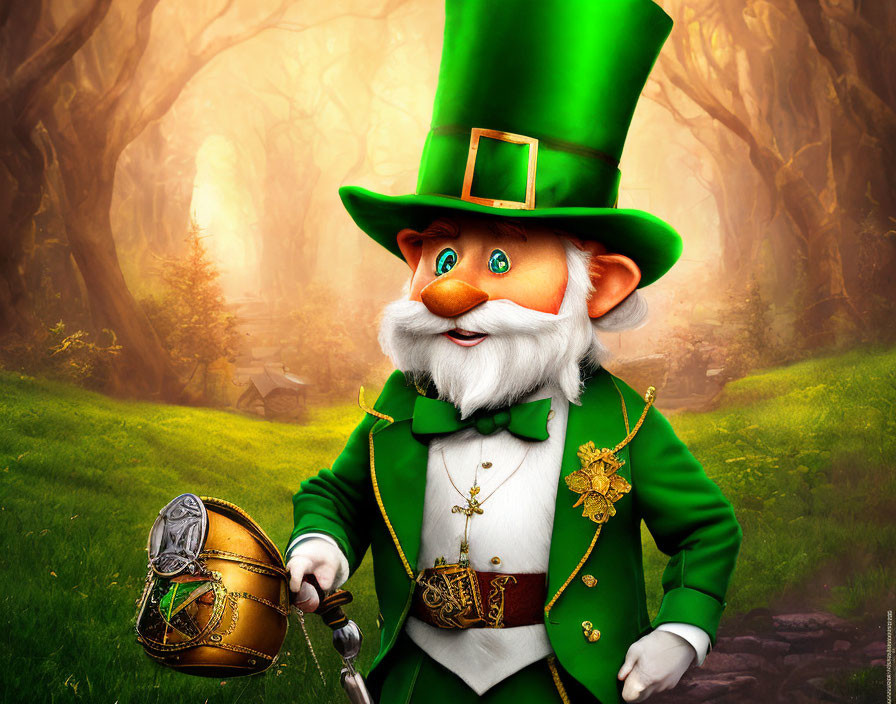 Cheerful leprechaun in green suit with top hat, holding cane and lantern in mist