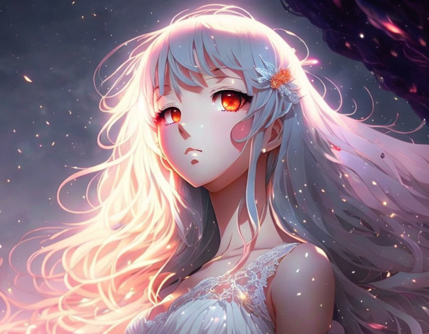 Pink-haired anime girl with red eyes and floral accessory in cosmic setting.