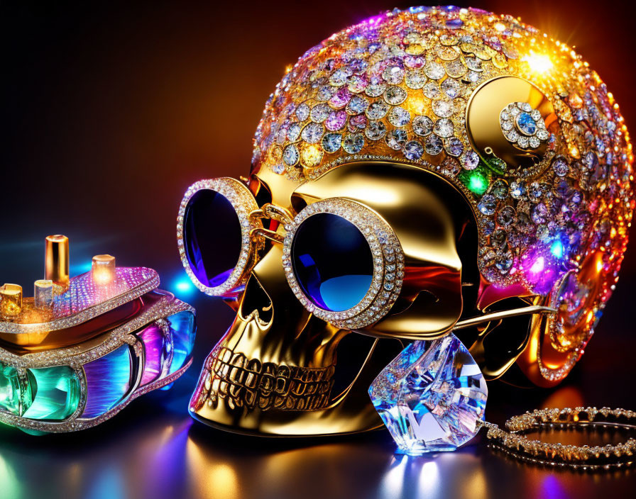 Golden Skull with Gem Sunglasses Surrounded by Luxury Items