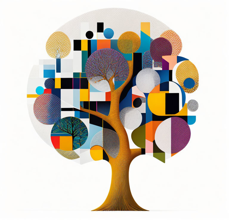 Vibrant abstract tree illustration with geometric shapes and patterns