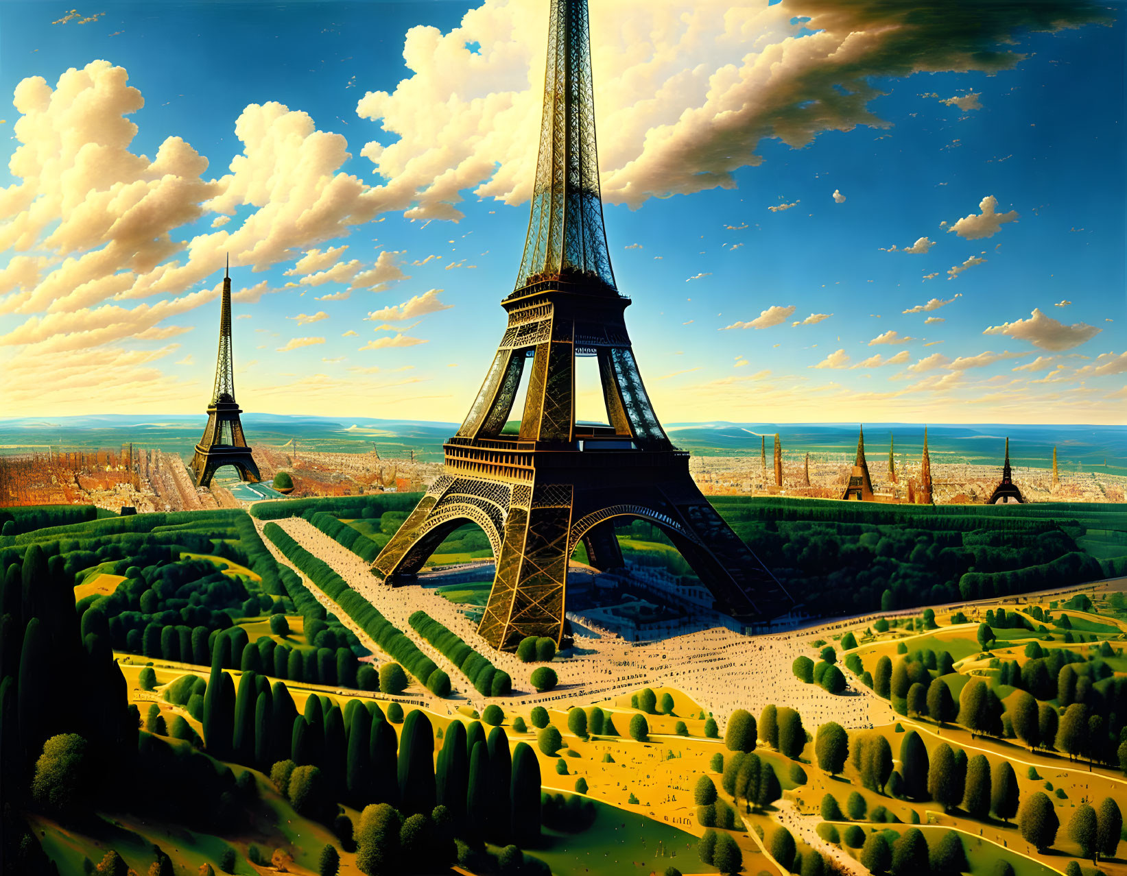 Surrealistic painting of multiple Eiffel Towers in a distorted landscape