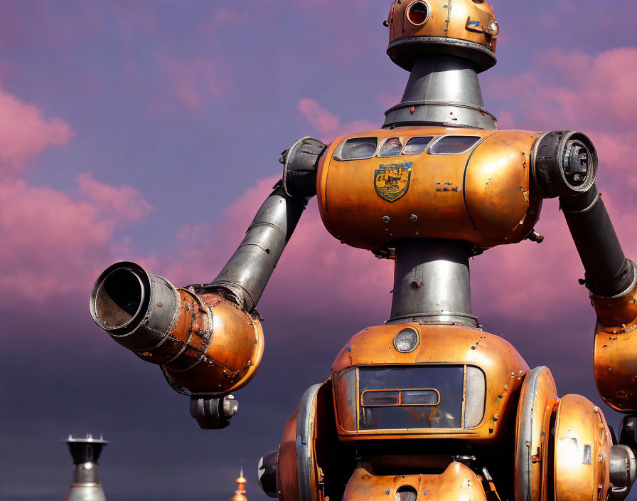 Vintage Robot in Orange and Rust Colors Against Dramatic Pink and Purple Sky