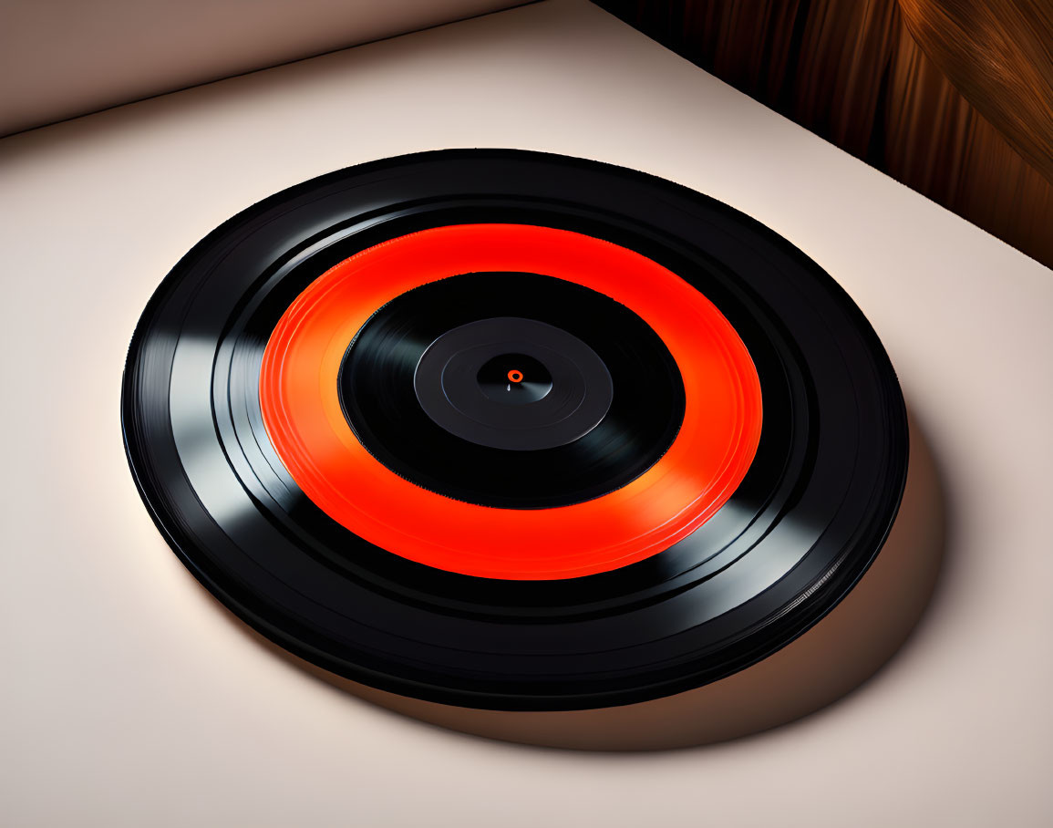 Red Label Vinyl Record Spinning on Woodgrain Turntable