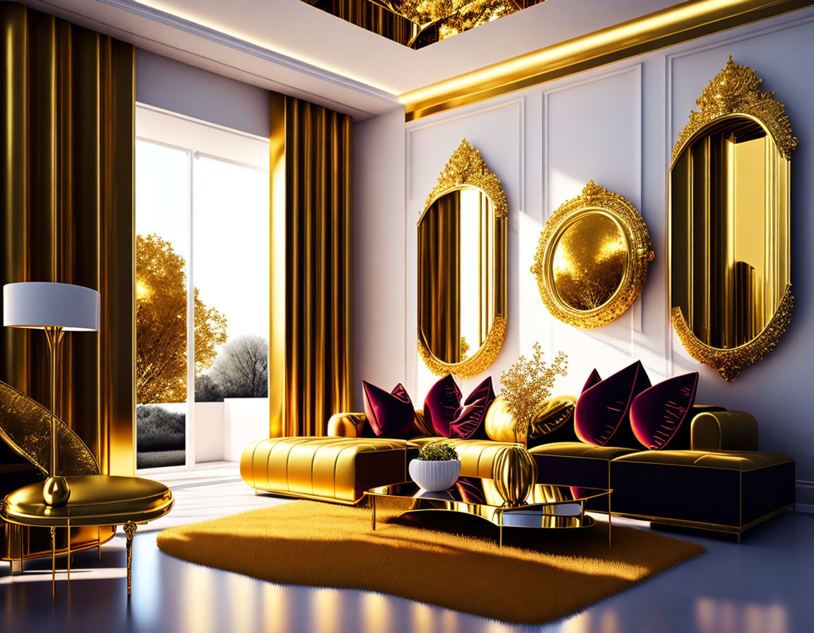 Elegant Room with Golden Decor, Matching Sofas, and Ornate Mirrors