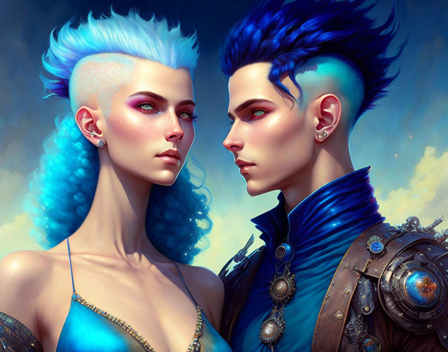 Futuristic digital artwork: Two characters with blue hair, one buzz cut, one mohawk