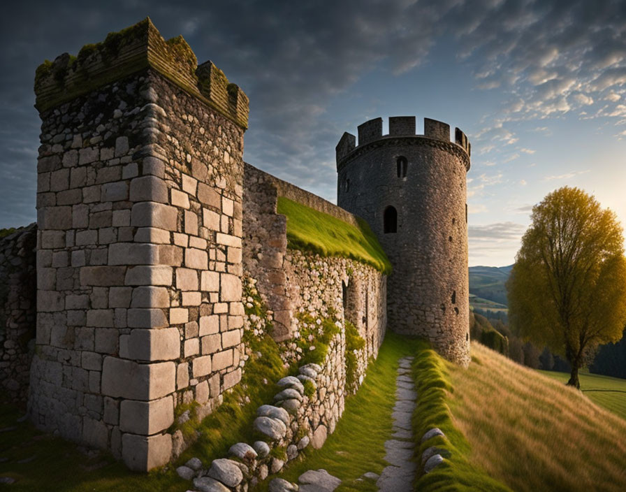 Stone castle with tower and battlements in sunset scenery among greenery and hills