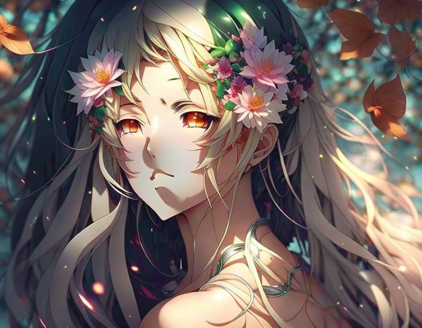 Anime-style girl with floral crown and amber eyes in autumn setting.