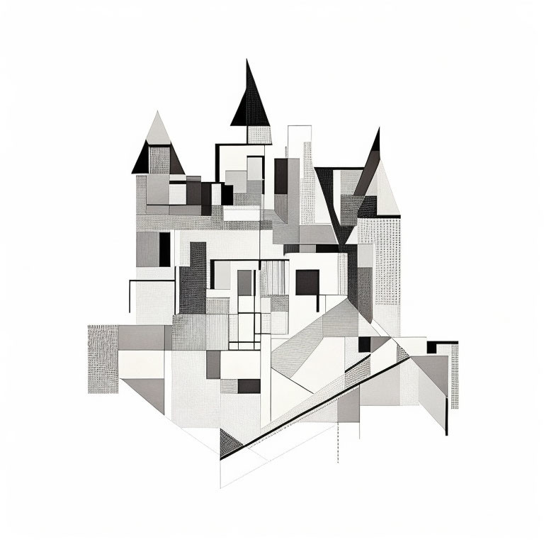 Abstract geometric composition with black and white shapes and lines portraying disjointed architectural form.