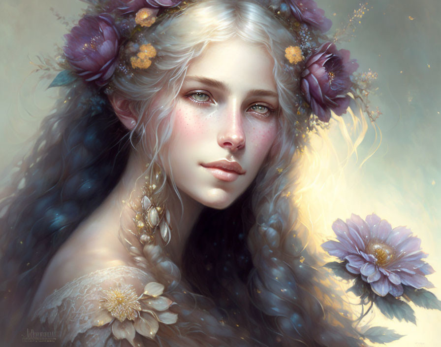 Digital painting of woman with long wavy blue hair and floral adornments.