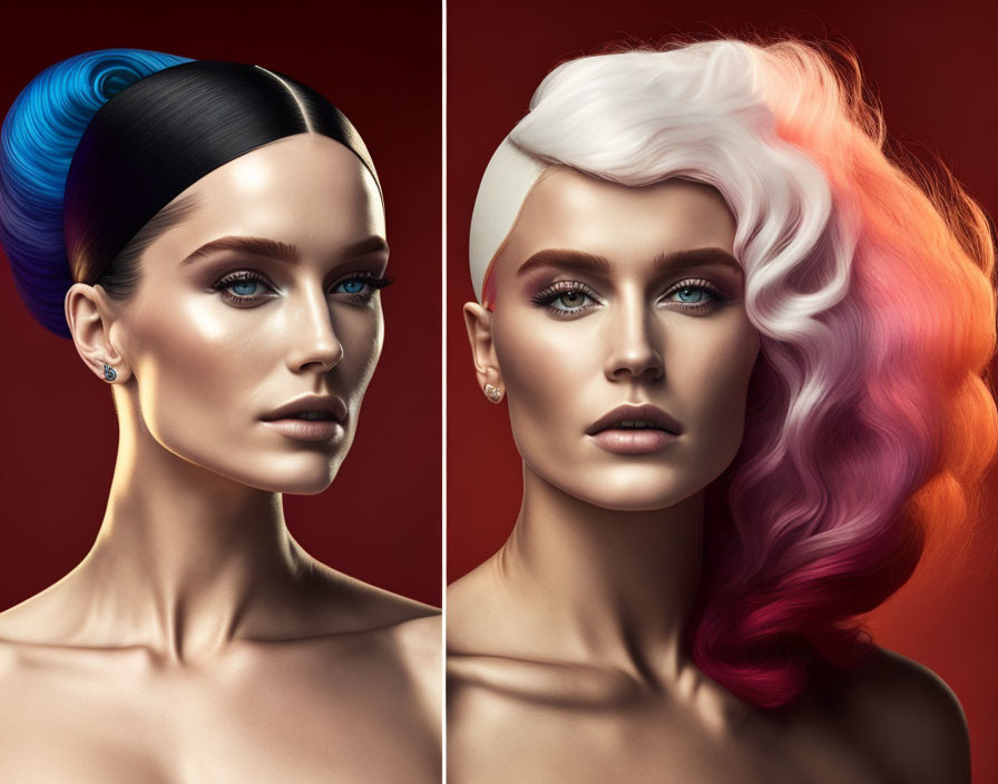 Two Women with Stylized Makeup and Colorful Hair on Red Background