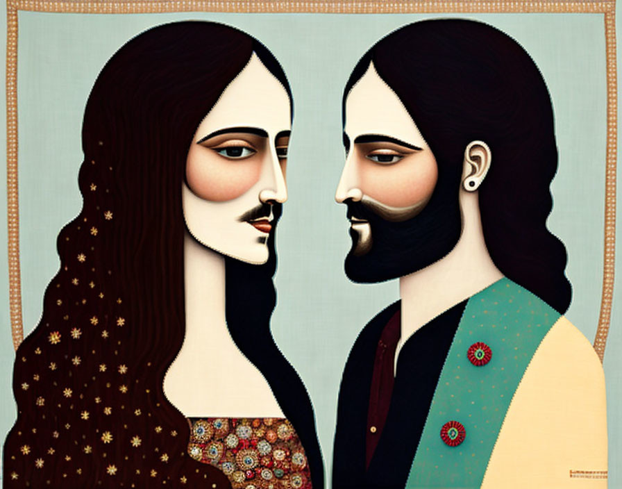 Stylized painting of man and woman with intricate patterns and shared face