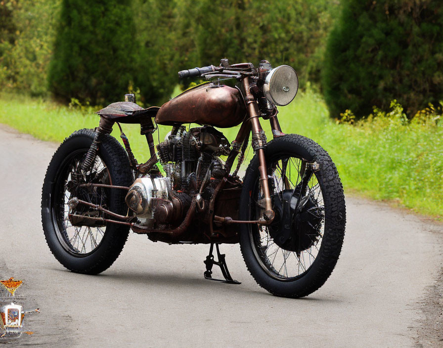 Rustic copper finish vintage custom motorcycle parked by roadside.