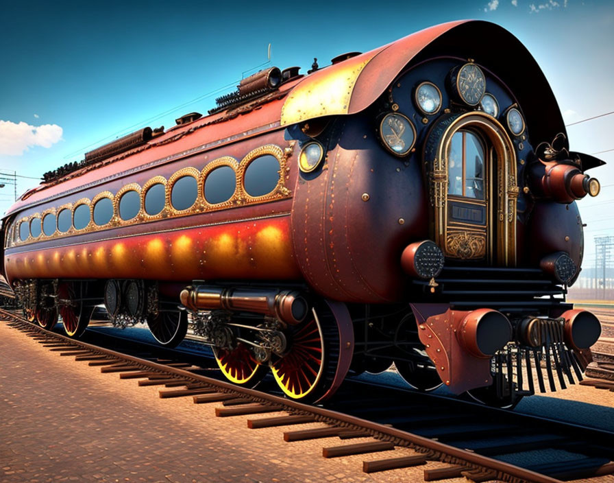 Sleek Retro-Futuristic Train on Tracks with Ornate Details