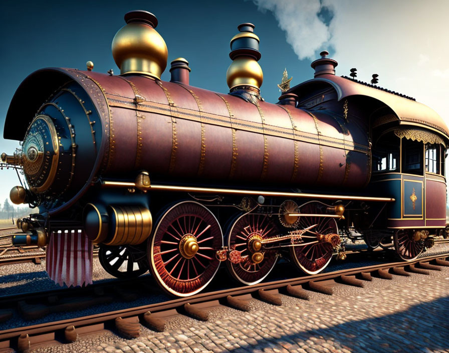 Vintage Steam Locomotive with Red Wheels and American Flag on Tracks