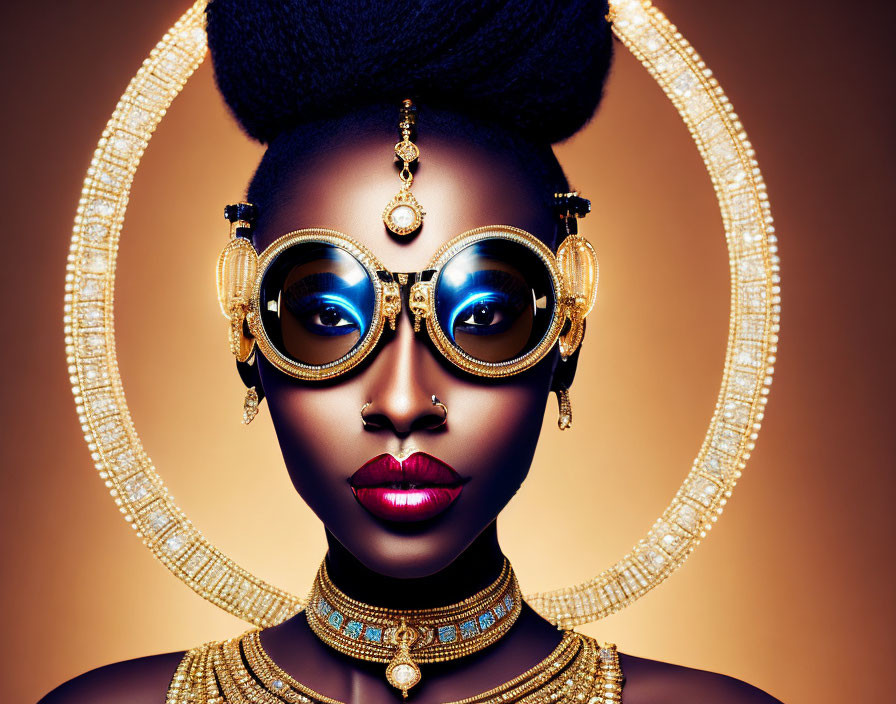 Stylized hair and ornate eyewear on a woman with gold jewelry