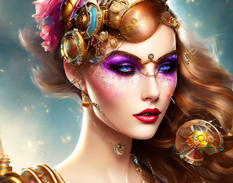 Steampunk-inspired woman with vibrant makeup and mechanical eyepiece