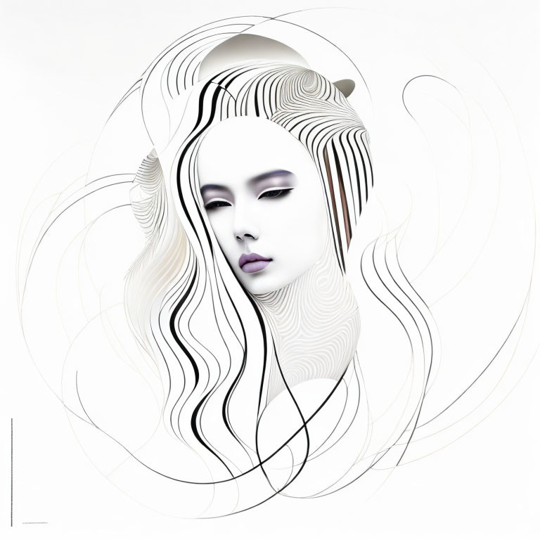 Illustration of a woman with pale skin, full lips, closed eyes, and flowing hair intertwined with