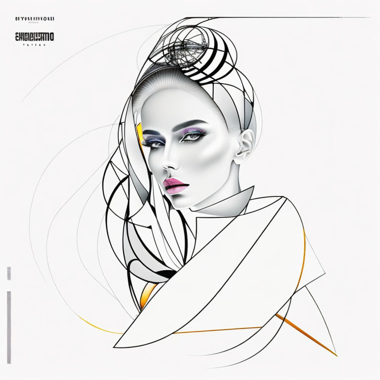 Abstract female figure with geometric lines and unique hair design in digital art.