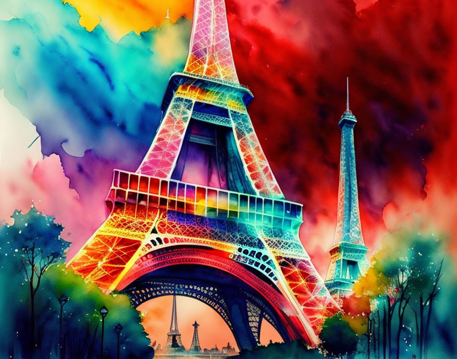 Colorful Watercolor Painting of Eiffel Tower in Paris