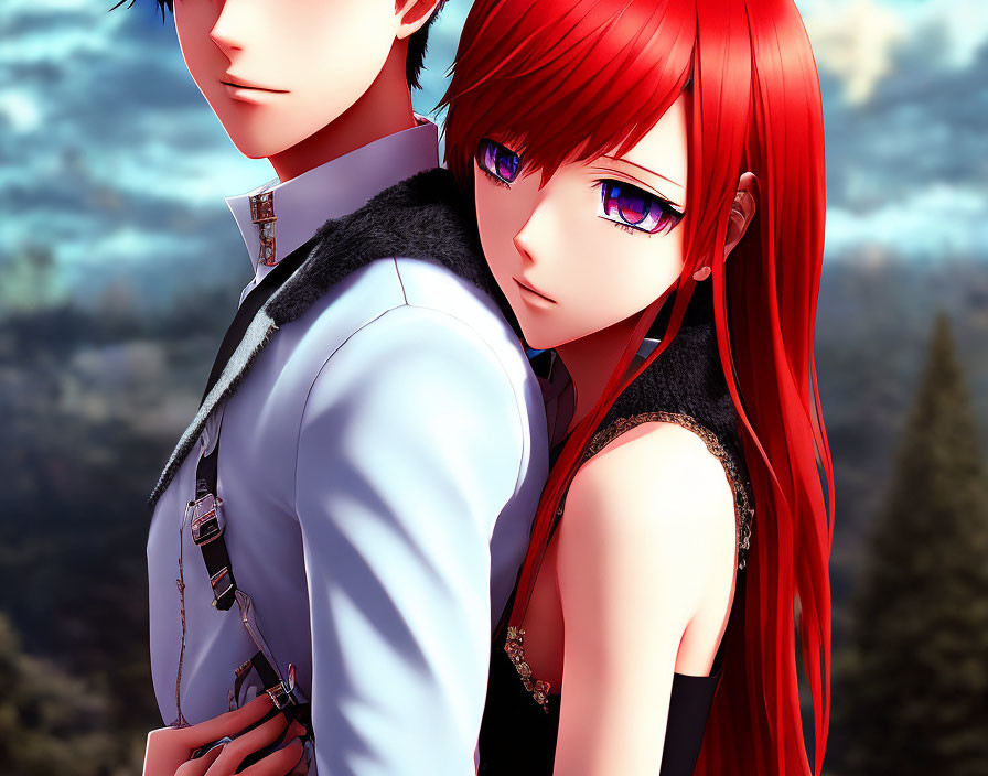 Anime-style Illustration: Red-Haired Girl & Dark-Haired Boy in Formal Attire with Bl