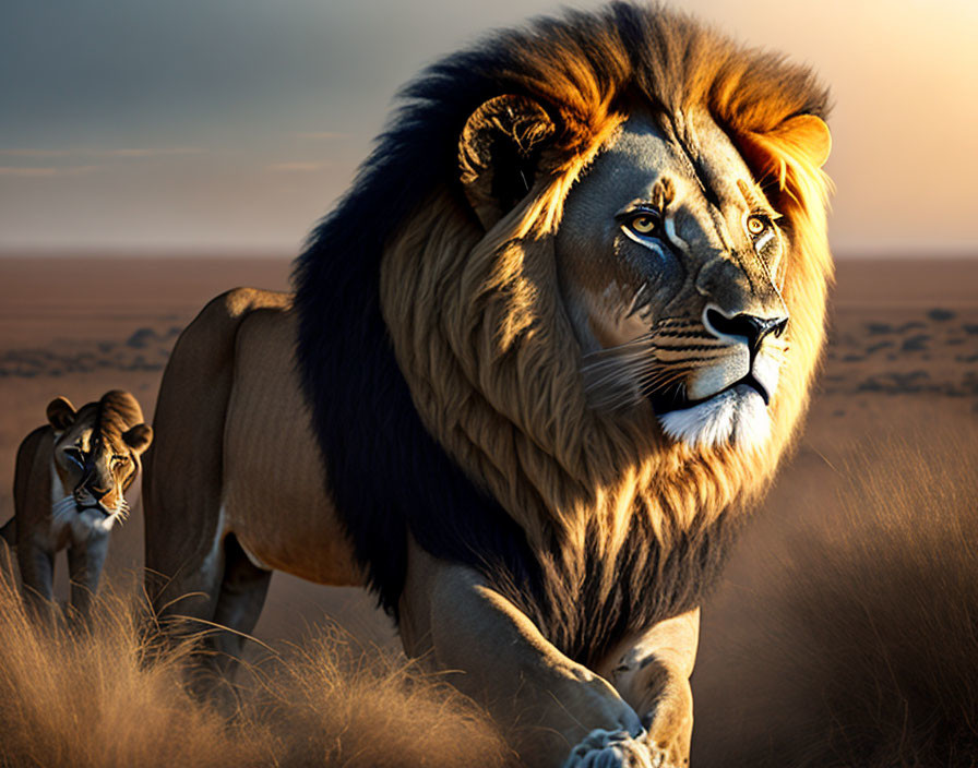 Majestic male lion with luscious mane and lioness in golden savanna at dusk