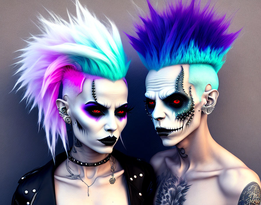 Vibrant punk-style figures with colorful mohawks and edgy makeup.