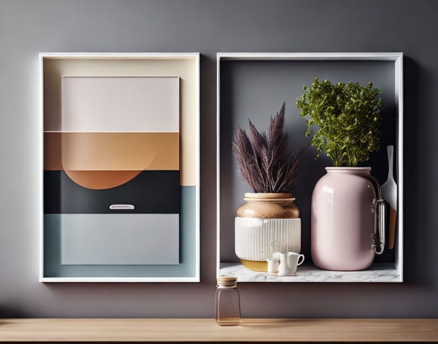 Abstract Artworks Displayed with Vases, Cup, and Jar on Shelf