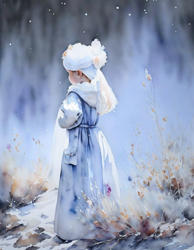 Young girl in white hat and blue dress in wintry field with light snowfall