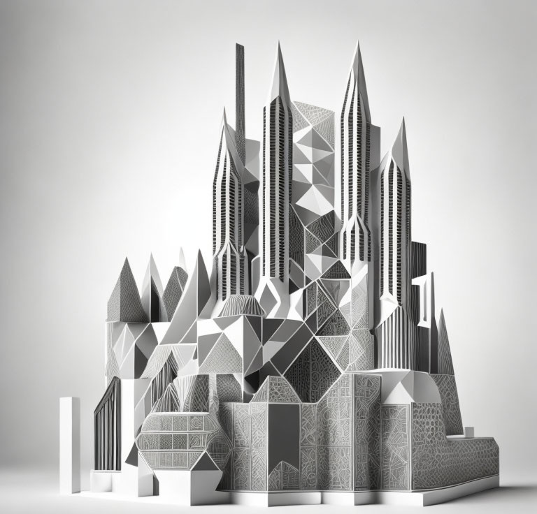 Monochrome 3D geometric cityscape illustration