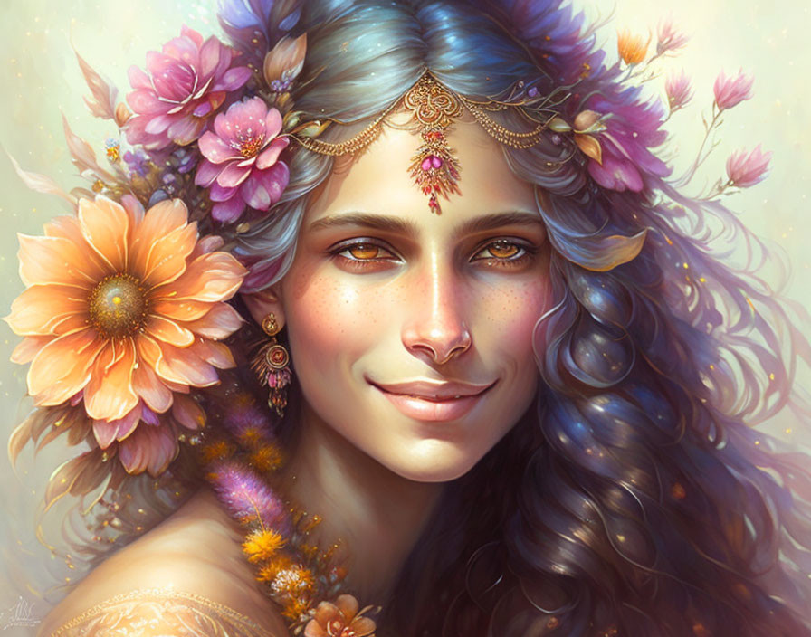 Colorful Flower Adorned Blue-Haired Woman Portrait