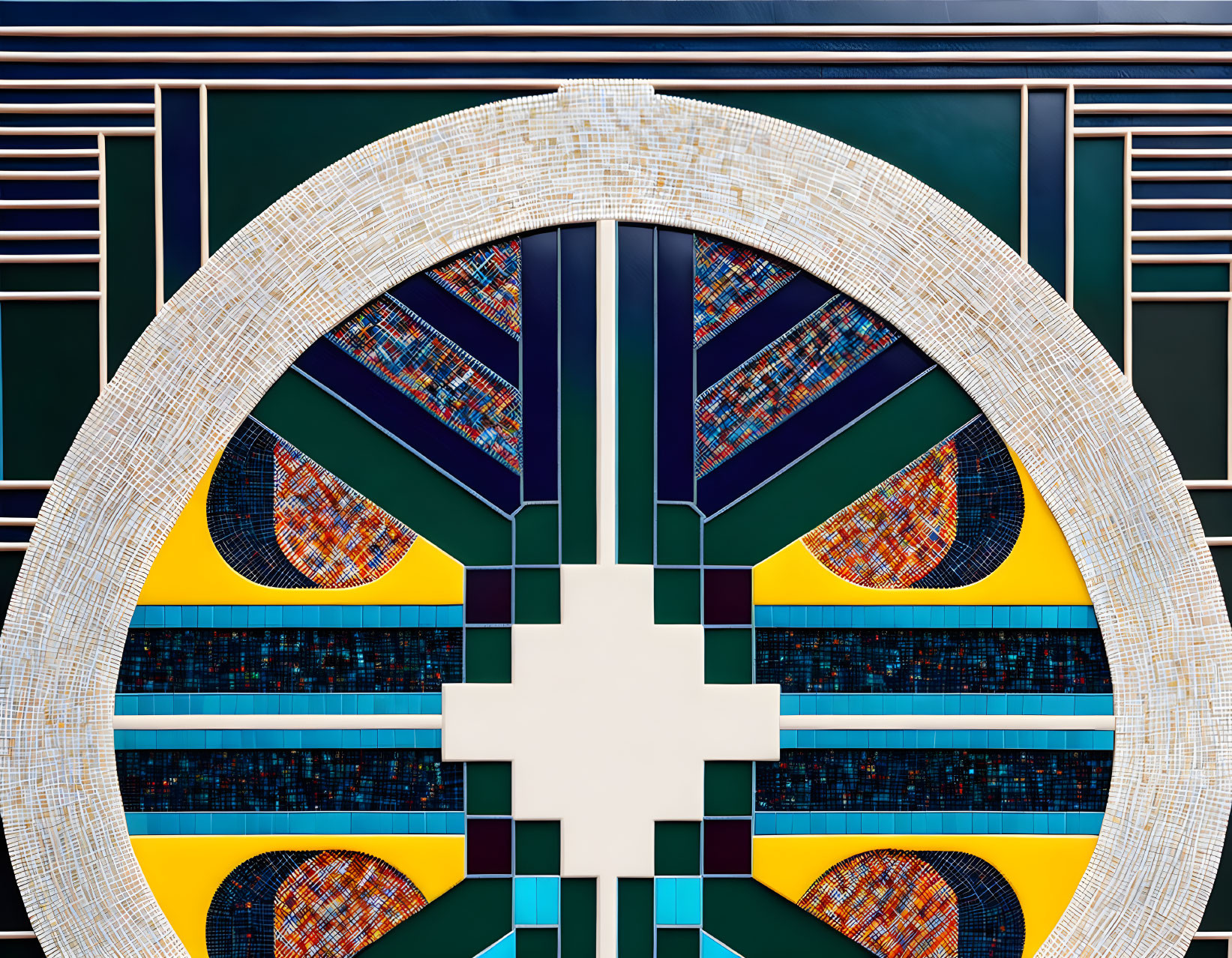 Colorful Circular Mosaic Artwork with Symmetrical Patterns and Cross Design