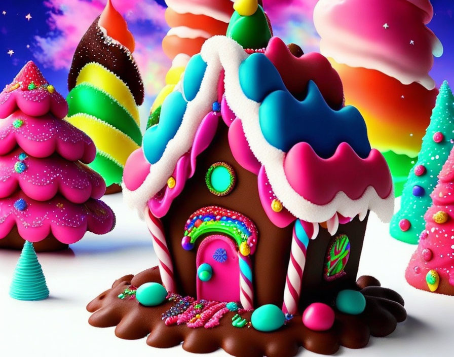 Colorful Candy Landscape with Chocolate Gingerbread House