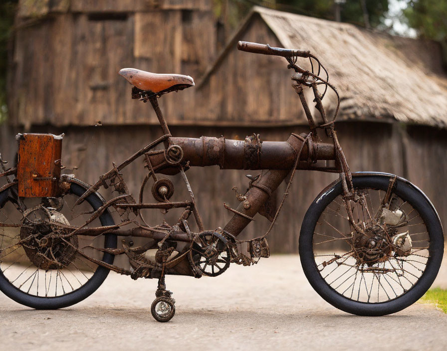 Vintage rusty bicycle with leather saddle on dirt path near wooden structure